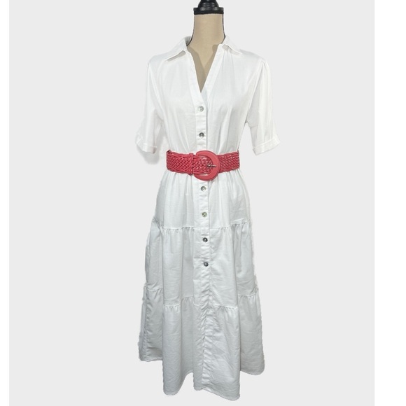 Boho Vibes White Button down Ruffle Short Sleeve Dress - Picture 4 of 7